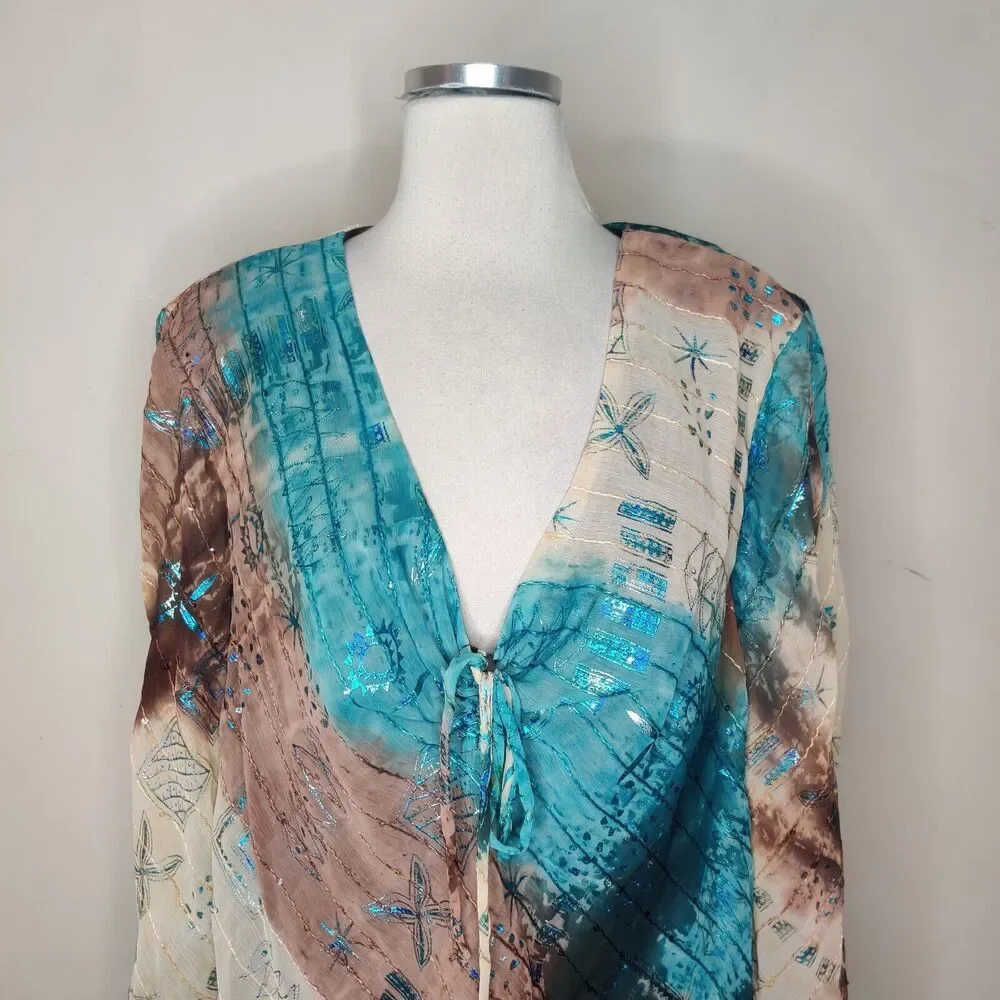 R&M Richards Tunic Top Embroidered‎ Blue Metallic Bell Sleeve